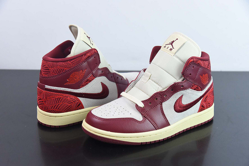 air jordan 1 mid se tiki leaf team red (women